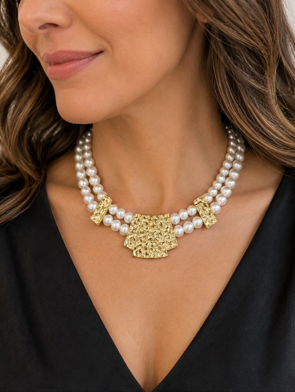 Vintage Style Double Strand Faux Pearl Gold Tone Textured Statement Necklace